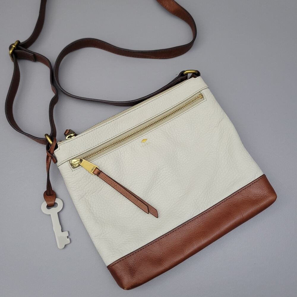 Fossil Fiona Crossbody Women's Purse Small Off White Brown Straps Key Vintage